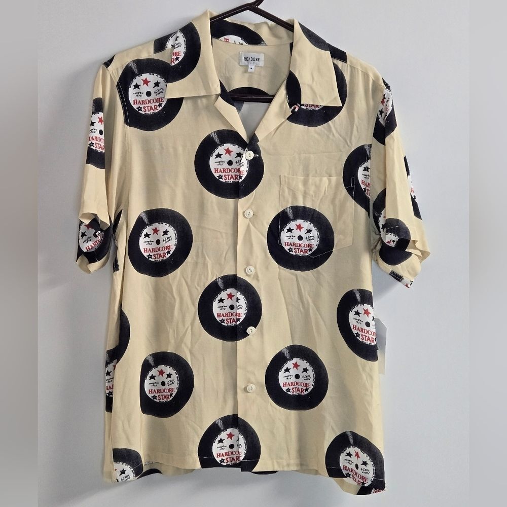 Re/Done Hard Core Star Rayon Short Sleece Button-Down Shirt Sz M Putty N…
